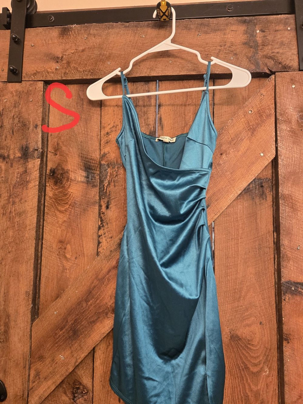 Teal Satin Slip Dress with Drape Detail - Women